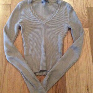 Brandy Melville Light Brown Ribbed V Neck Long Sleeve Sweater One Size